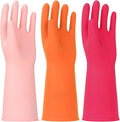 3 Pairs Rubber Cleaning Gloves Latex Free Dishwashing Gloves - 13" Reusable Nitrile Gloves Small, Orange+Pink+Red