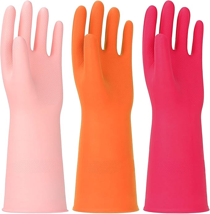 3 Pairs Rubber Cleaning Gloves Latex Free Dishwashing Gloves - 13" Reusable Nitrile Gloves Small, Orange+Pink+Red