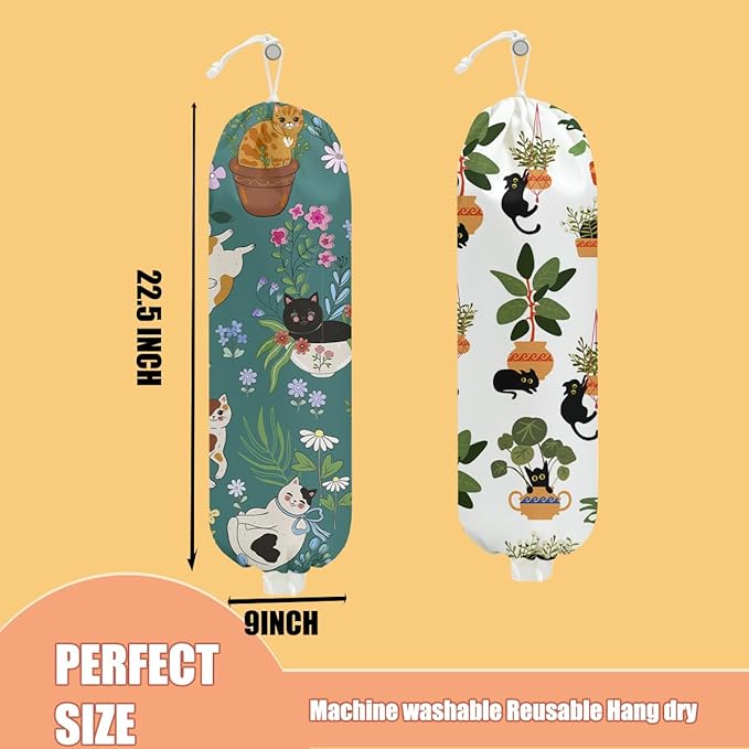 2 Pcs Cute Cat Plastic Bag Holder, Floral Plastic Storage bag Holders for Grocery Bags, Washable Large Grocery Bags Storage Dispenser for Home Kitchen Pantry Decor, Cat Lover Gifts for Women