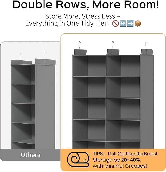 ALLTIDYUP Grey 5-Tier Hanging Closet Storage Organizer - Space-Saving Dual-Row Foldable Shelves with 3 Hooks, Wardrobe Organizer for Dorm, Bedroom, Clothes and Accessories