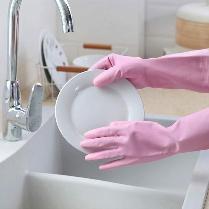 HSL Household Cleaning Gloves - Reusable Kitchen Dishwashing Gloves with Latex Free, Cotton lining, Waterproof, Non-Slip (Large, 2 Pairs)