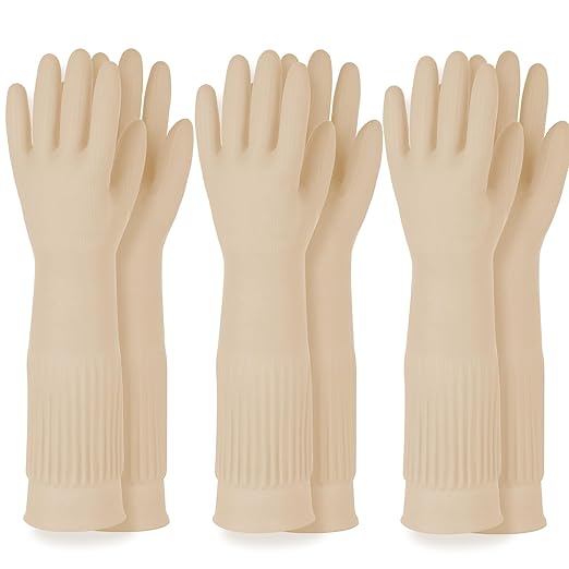 Reusable Waterproof Household Dishwashing Cleaning Rubber Gloves, Non-Slip Kitchen Glove (Ivory, XL (Pack of 3))