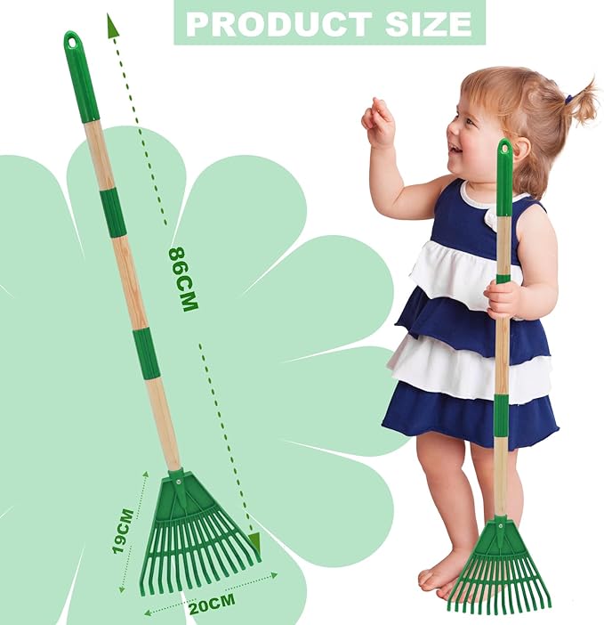 Kids Leaf Rake - 3-Section Adjustable Handle, Lightweight, Wood & Plastic, Small Garden Tool for Children (Green)
