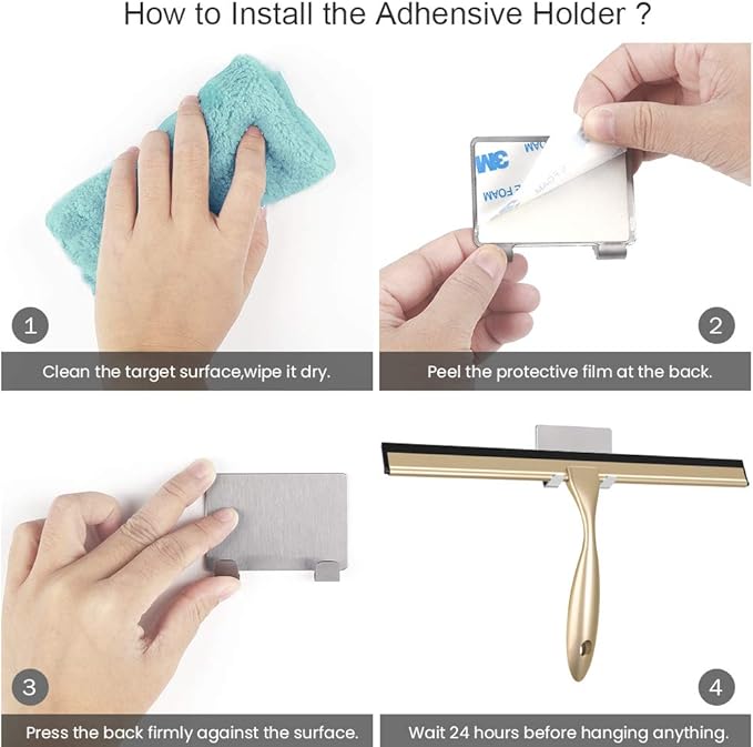 Shower Squeegee with Self Adhesive Hook, 14 Inches Stainless Steel Squeegee Cleaner, All-Purpose Window Scraper for Bathroom Doors, Mirror, Windows and Car Glass, Light Gold
