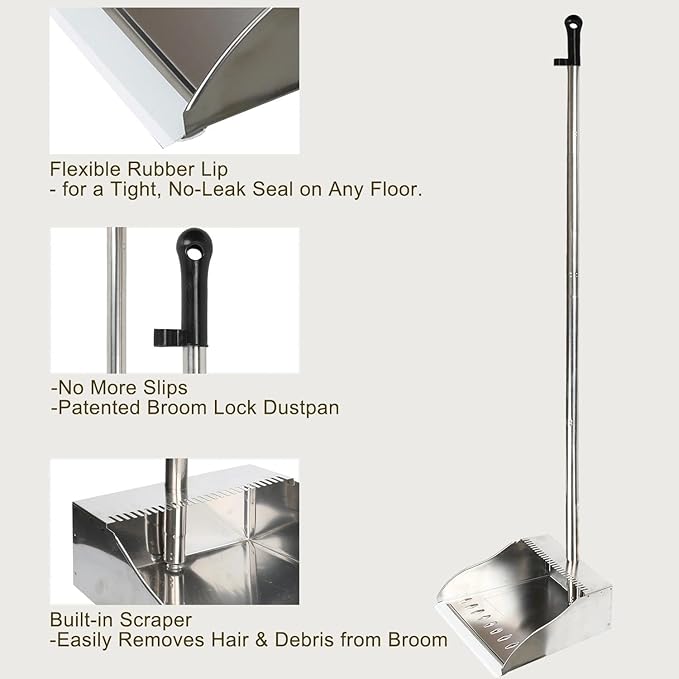 Metal Dustpan Long Handle Stainless Steel Dustpan,Heavy Duty Standing Dust Pan with Teeth, Indoor Outdoor Up for Home Kitchen Lobby Room Office