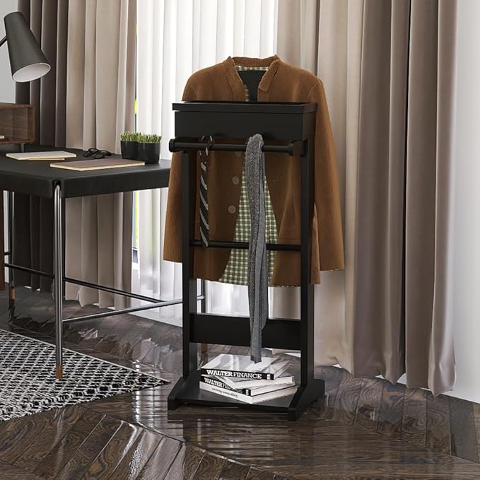 Wooden Valet Stand for Men, Clothing Rack with Top Tray Organizer, Shoe Shelf for Entryway, Bedroom, Office