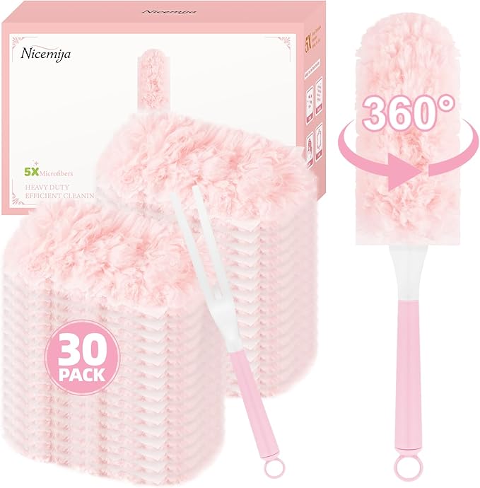 30 Count Pink Duster Refills Compatible with Swiffer Handle, 360° Multi-Surface Duster Refills with 1 Handle, 5X Microfibers Disposable Dusters for Home, Office Cleaning
