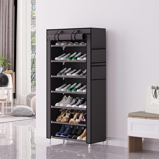 Calmootey 7 Tier Shoe Rack Organizer,Portable Shoe Shelf with Nonwoven Fabric Cover for Closet Hallway,Bedroom,Entryway,Grey
