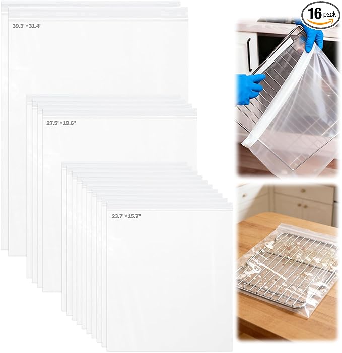 XANGNIER 16 Pack No Scrub Oven Rack Cleaning Bags,No Cleaner Included,Simple to Use,No Messy Hands Reusable Leakproof Soaking Cleaner Bags for Removable Metal Rack,BBQ Grills,Grill Grate