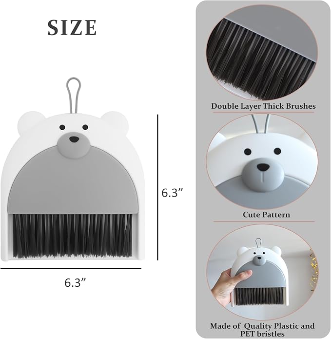 Small Broom and Dustpan Set Mini Hand Broom and Brush Set Handheld Broom and Dust Pan Set - Cute Bear Design, Compact Cleaning Tool for Desktop Countertop Table Windowsill Home Kitchen