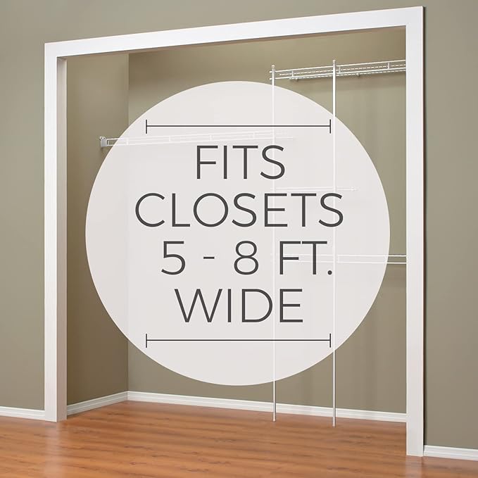 ClosetMaid Wire Closet Organizer System, Adjustable from 5 to 8 Ft., with Shelves, Hardware, Durable Steel, Fixed Mount Installation, White