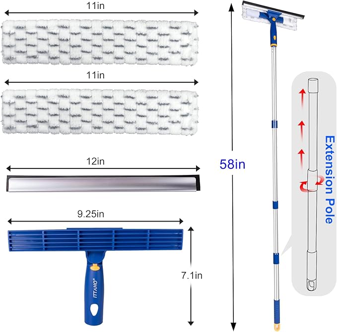 ITTAHO Squeegee for Window Cleaning with Extendable Pole, 53" 2-in-1 Window Cleaning Tool Kit, Shower Squeegee with Long Handle, Indoor/Outdoor High Window Cleaning-Two Pads