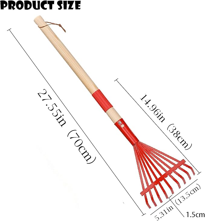 Small Leaf Rake-Wooden Handle Leaf Rake for Little Helper Courtyard/Garden Leaves Cleaning for Kids (Red)