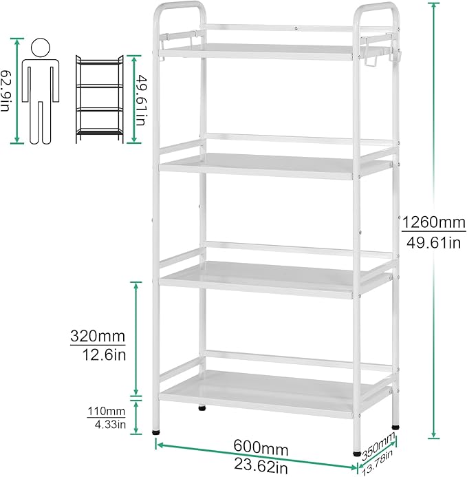 HDANI 4-Tier Metal Storage Rack with Shelf, Storage Shelves, Shelf Organizer, Garage Standing Shelving Unit for Laundry, Bathroom, Kitchen, Pantry, Closet, 23.6''W x 13.8''D x 50''H, White