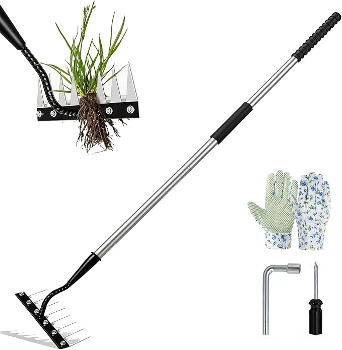 Upgraded Iron Weeding Tool with Adjustable Length Long Handle (31"-63") 3.0,Garden Weed Puller Tool ,8 Tines Manual Weeder Rake,Heavy Duty Weed Puller for Removing Weeds,Lawn, Flower Beds and Aeration