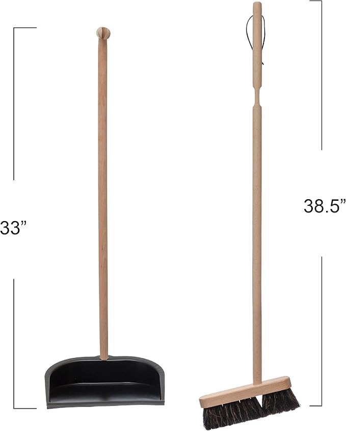 Creative Co-Op Beech Wood Broom & Standing Metal Dust Pan, Natural & Black