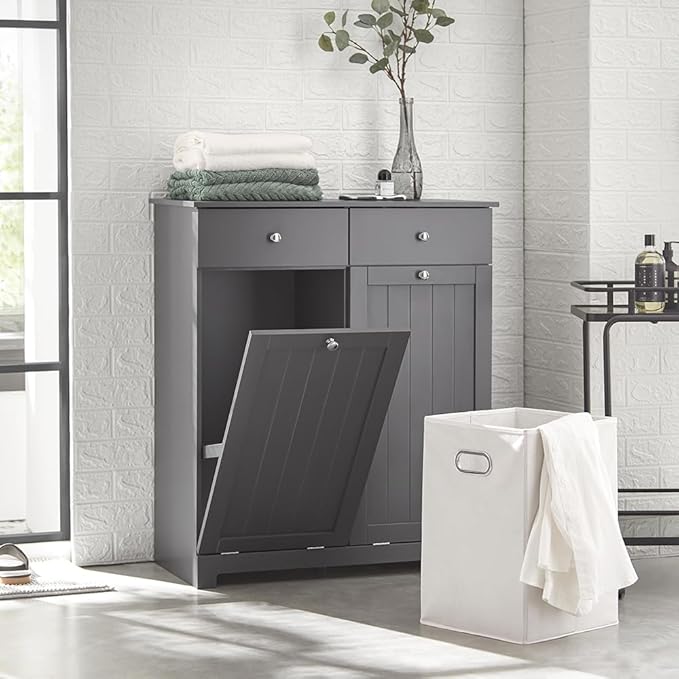 Haotian Tilt-Out Bathroom Laundry Cabinet Hidden Hamper Organizer with Double Baskets and Drawers Storing Unit Storage, Grey BZR33-DG