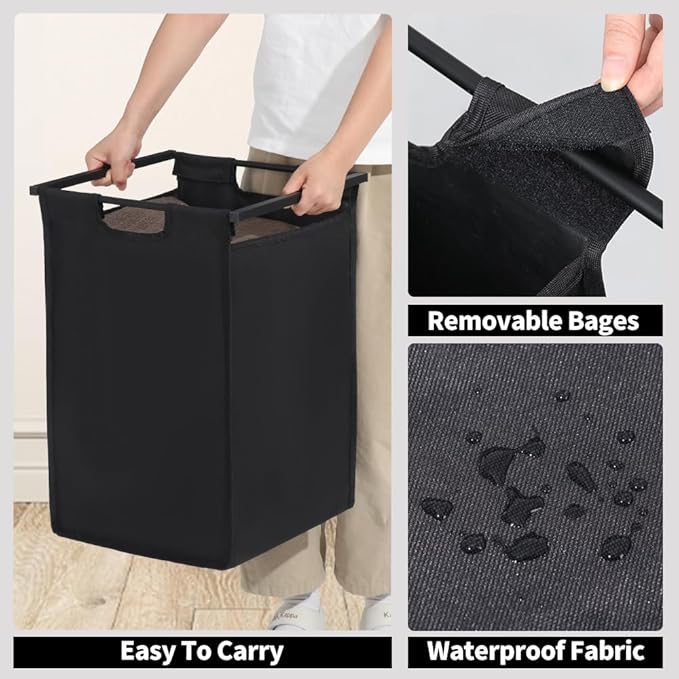 LUCKUP Laundry Hamper with Shelf, Laundry Sorter 2 Section with Removable Bags, Laundry Basket Cart with Table Wheels Laundry Room Storage and Organization, Dirty Clothes Hamper for Small Space