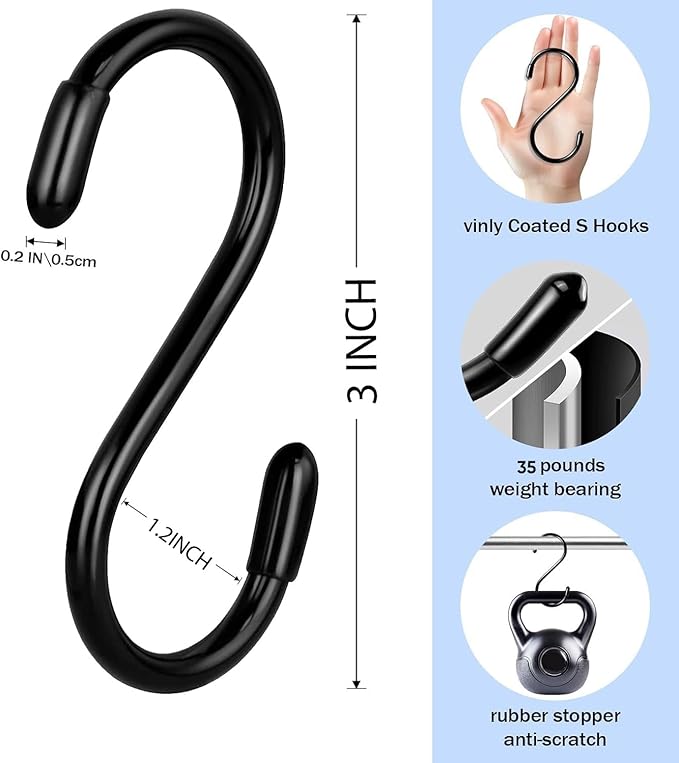 Vinyl Coated S Hook, Hanging Plants,Non Slip,Small Rubber Coated Steel Metal Black Closet S Hook for Hanging Jeans Plants Jewelry Pot Pan Cups Towels (6, 3 Inch+Black + Vinyl Coating)