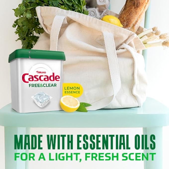 Cascade Free & Clear Dishwasher Pods, Dishwasher Detergent, Dish Detergent Soap, Lemon Essence, 19 Count