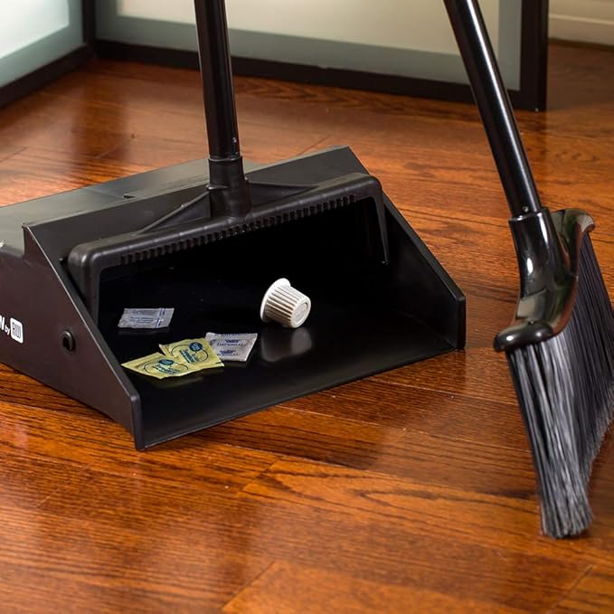 Restaurantware RW Clean 11.8 x 11 x 34 Inch Stand Up Dustpan 1 With Handle Lobby Dustpan - Broom Sold Separately With Broom Clip Black Plastic Long Handle Dust Pan Lightweight Heavy-Duty