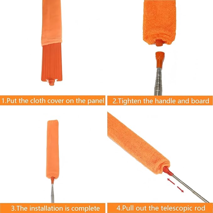 Retractable Gap Feather Duster with 3 Washable Microfiber Cloths, Extendable Cleaning Tool with Long Extension Pole 110 Inch, Under Appliance & Furniture Duster for Home Cleaning (Orange)