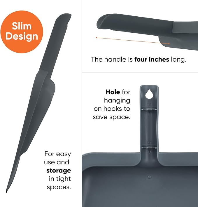Superio Clip-On Dustpan with Rubber Lip - 10-inch Wide Durable Plastic Dust Pan with Comfort Grip Handle, Lightweight Multi Surface, Heavy Duty, Easy Sweep Broom Gray