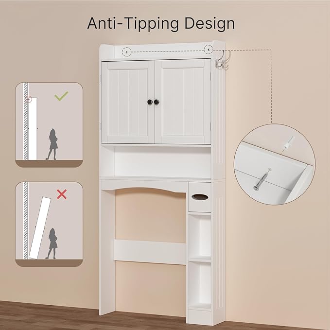Ahomly Over The Toilet Storage Cabinet, 32.3" W x 70.3" H Over Toilet Bathroom Organizer with Doors, Adjustable Shelves, Toilet Paper Holder, 2 Side Hooks, Space-Saver for Bathroom, Laundry, White