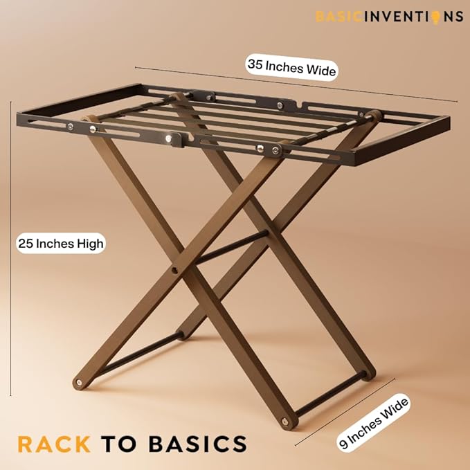 Luxury Expandable Luggage Rack for All Suitcase Sizes, Folding Stand Essential for Hotels, AirBnB, Guest Room; Extends 35” Inches, Holds up to 170 lbs, Durable Steel & Solid Wood, NO Assembly Required