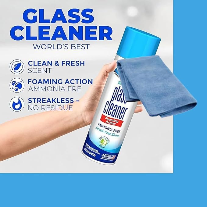 Glass Cleaner Foam, Foaming Action & Spray, 23oz - 2 Pack - Clean Fresh Scent - Bundled With 2 Microfiber Cleaning Clothes (Total 46 OZ)