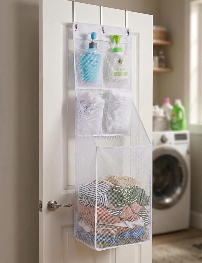 ALYER Multi-Scene Suitable Hanging Mesh Laundry Basket,Behind The Door Storage Organizer for Laundry,RV,Dorm,Bathroom,Bedroom,Pantry, Nursery,Kitchen,White