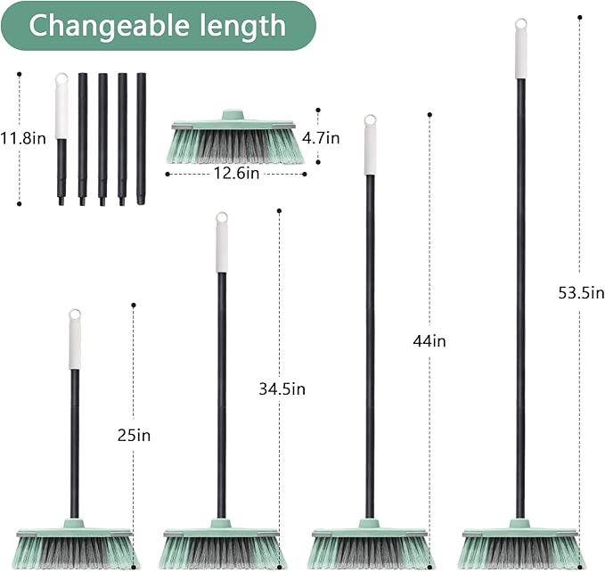 Indoor Broom Soft Bristle Brooms - Brooms for Sweeping Indoor Pet Hair, House Broom for Cleaning Hardwood, Tile, and Decking Surfaces Across.（Green）