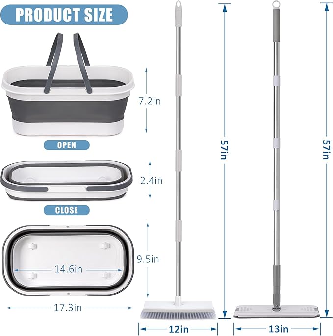 Flat Mop and Bucket Set with Floor Squeegee, Heavy Duty Scrub Brush, 2 Washable Reusable Microfiber Pads, for Tile Hardwood, Wall Cleaning, Home Indoor or Outdoor Cleaning (White-Gray)