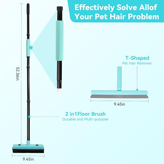 Floor Squeegee with 180° Rotating Head,with Rubber Broom for Carpet Pet Hair Remover,air Broom,for pet Removal Fluff Carpet, Hardwood Floor, Cleans Glass, Fine Dust, Hair, Liquid (Black)