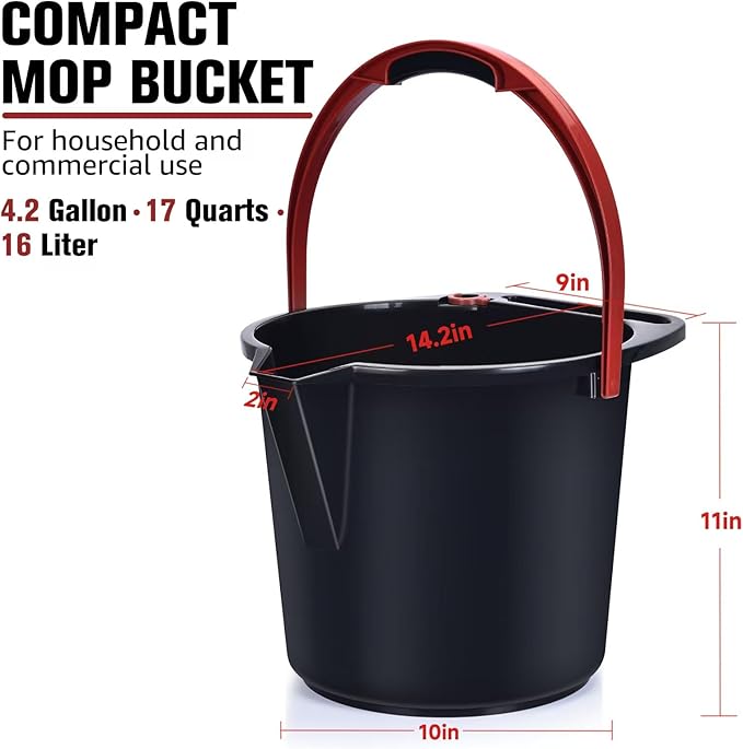 Matthew Cleaning 4.2 Gallon Mop Bucket, Heavy Duty Plastic Cleaning Bucket with Built-in Pour Spout, Mop Holder and Comfort Grip Handle, House and Commercial Cleaning Supplies, 1 Pack Black