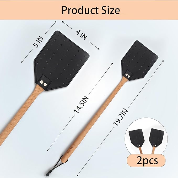 Indoor Leather Fly Swatter - 2 Pack Long Handle Heavy Duty Fly Swatter with Hanging Rope, Wood Fly Swatter Manual for Kitchen/Home Indoor and Outdoor Flies