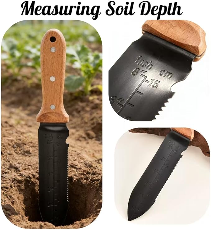 Hori Hori Garden Knife, 7" Stainless Steel Blade Heavy Duty Gardening Tool, Full-Tang Wooden Handle with Hanging Hole & Oxford Sheath for Weeding Digging Planting Cutting