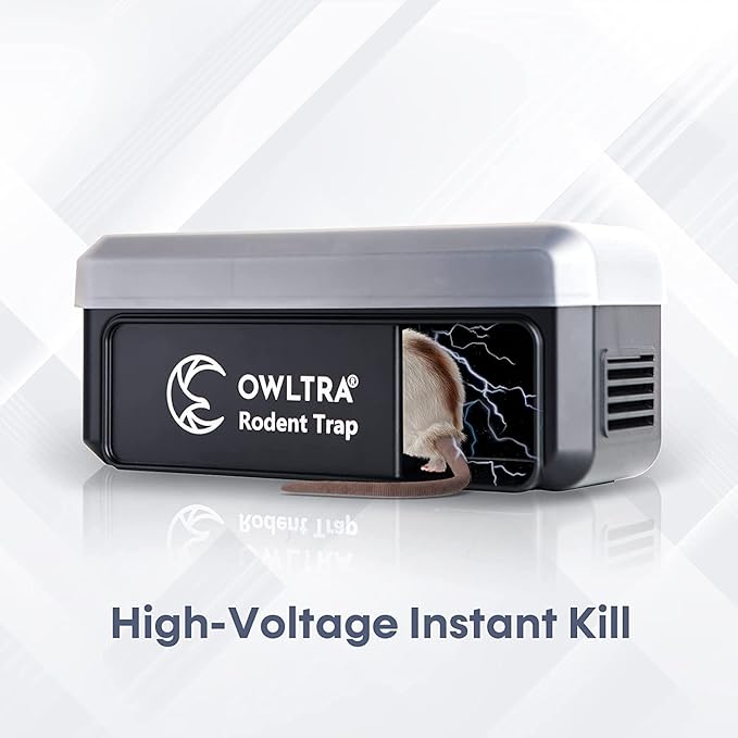 OWLTRA OW-7 in-/Outdoor Electric Rodent Trap, Instant Kill Mouse & Rat Zapper with Waterproof Cover, Sound & Light Alarm, and Batteries or USB Power Source, Waterproof Grade IPX4, Black