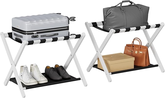 Smuxee White Bamboo Luggage Rack Pack of 2, Foldable Suitcase Stand with Storage Shelf, Easily Assembled Luggage Stand with 5 Nylon Straps for Guest Room Bedroom Hotel