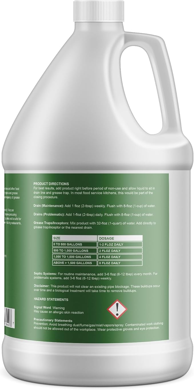 Drain and Grease Trap Maintainer- 4 Gallon (Contains 512 Treatments) - Biological Formula - Breaks Down Fats Oils and Grease - Grease Traps, Drain, Septic Systems, Sewers- Deodorizer