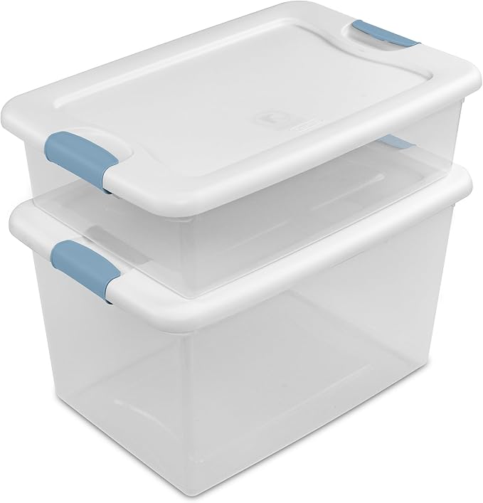 Sterilite 16 Pack Latching Box, 64 Qt Plastic Storage Container, Stackable Large Home or Office Tote Organizers with Secure Lids, White