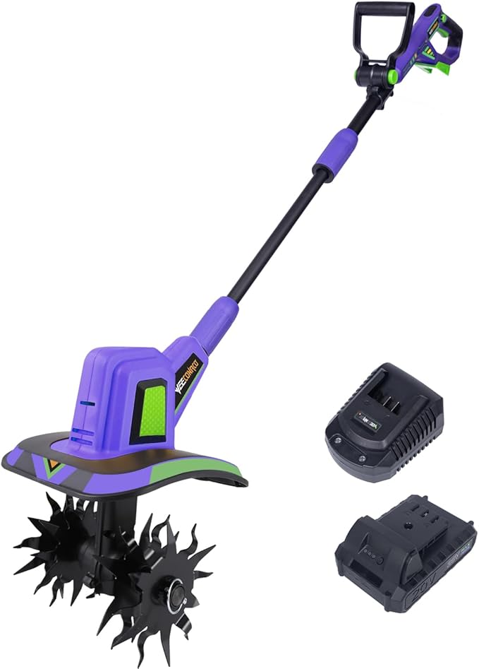 20V Cordless Tiller Cultivator,48 Steel Tines Garden Tiller,8.6 inch Wide Battery Powered Garden Cultivator,(2AH Battery and Charger Included)