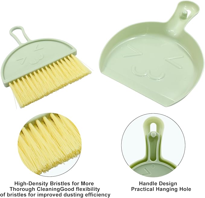 Hitefu Small Broom and Dustpan Set, Mini Dust Pans and Brush Set, Broom with Dustpan Combo Set for Home Cleaning, Sofa, Kitchen, Table, Countertops, Storage Shelves & Pets Area(Green)