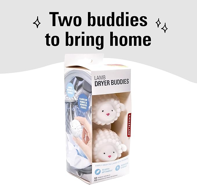 Kikkerland Set of Two Reusable Dryer Buddies for Laundry – Fabric Softener Dryer Balls – Control Static, Remove Wrinkles, Dry Clothes Faster, Lambs