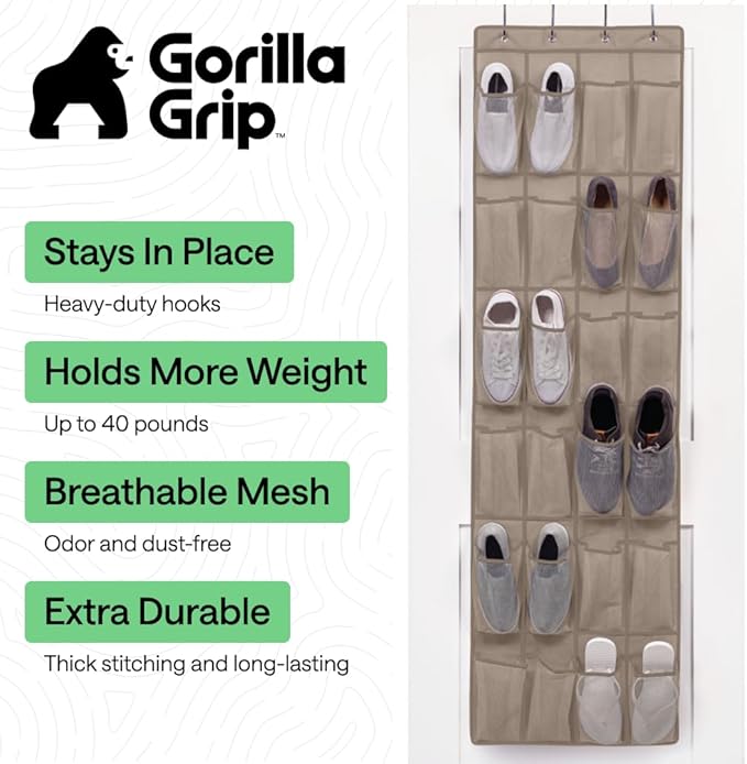GORILLA GRIP Over the Door Shoe Organizer, 24 Large Breathable Mesh Pockets, Space Saving Hanging Storage Holder, Closet Rack Hanger Holds Up to 40 lbs, Hangs on Closets for Shoes, Accessories, Beige