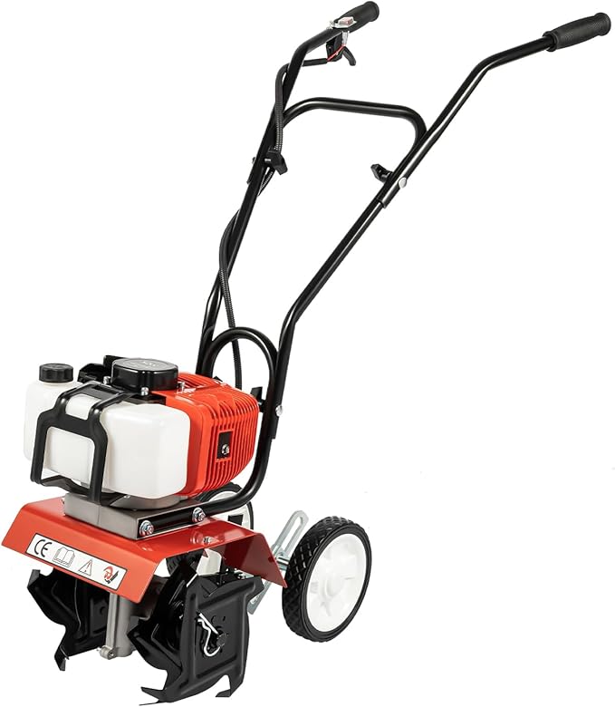 2 Stroke Tiller Cultivator, 52CC 1700W Gas Powered Garden Tiller Single Cylinder Air Cooled Tilling Machine Infinite Speed Regulation Rototiller w/4 Blades&0.22Gal Fuel Tank for Cultivation Ploughing