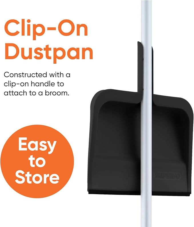 Superio Clip-On Dustpan with Rubber Lip - 10-inch Wide Durable Plastic Dust Pan with Comfort Grip Handle, 2-Pack (Black)