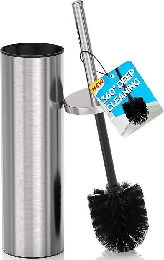 DOWRY Stainless Steel Toilet Bowl Brush and Holder for Bathroom, Deep Cleaning Toilet Brush and Holder Set with Long Handle, Hidden Toilet Bowl Brush with 2 Heads,Modern Decor Nickel Brushed Round