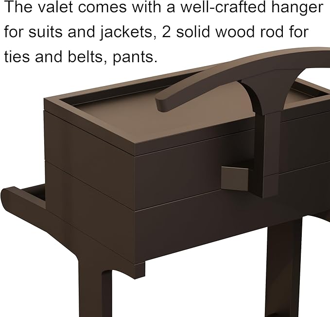 Brefhome Luxury Mens Valet Stand with Storage Drawer & Jewelry Tray, Executive Wooden Clothes Rack for Men Women, Garment Organizer for Suit, Tie, Pant, Watch & Phone, Black (Box + Drawer)