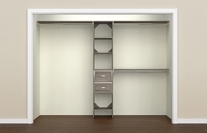 ClosetMaid SuiteSymphony Wood Closet Organizer Kit with Tower, 3 Hang Rods, Top Shelves, 2 Drawers, Adjustable, Fits Spaces 5-9 ft. Wide, Graphite Grey